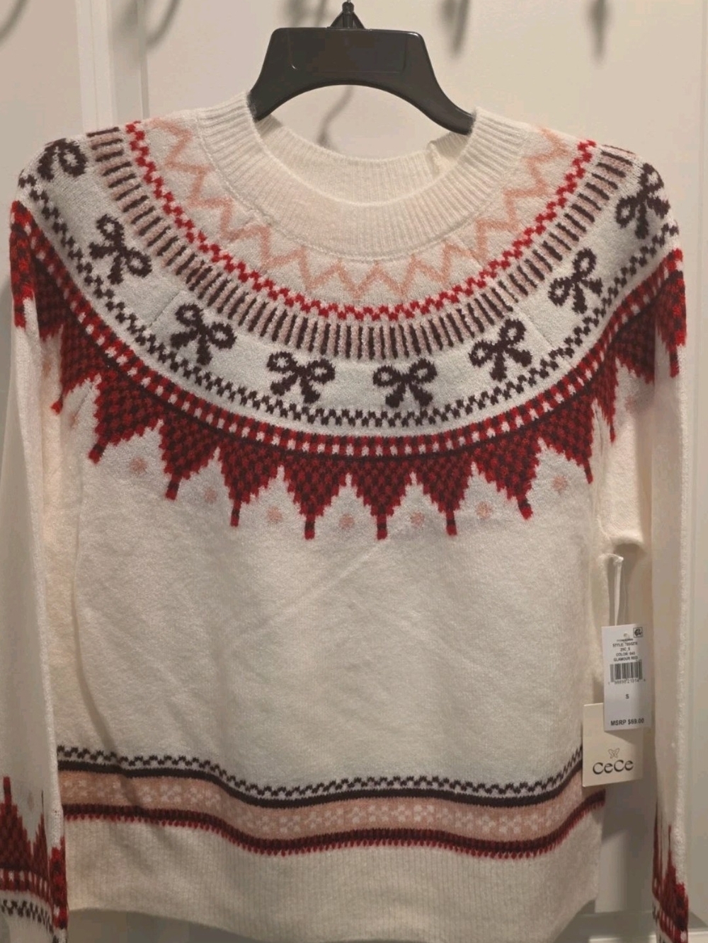 CeCe Cream Sweater with Red and Brown Fair Isle Yoke